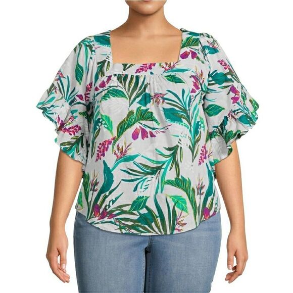Terra & Sky Square Neck Floral Peasant Top 1X - Picture 1 of 10
